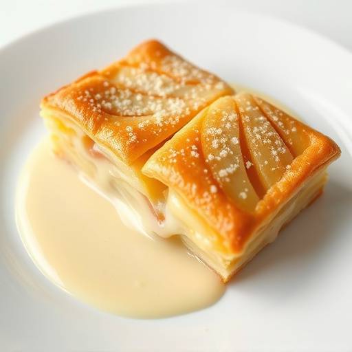 Ein Stück Apfelstrudel mit Vanillesauce auf einem Teller.