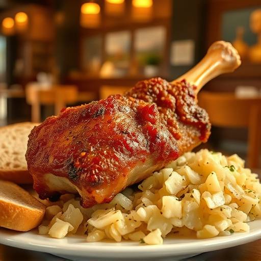 Eine knusprige Schweinshaxe mit Sauerkraut und Brot im Restaurant Goldener Herbst