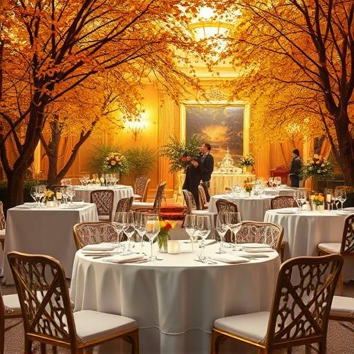 Elegante Tische mit weißen Tischdecken und Kerzenlicht im Goldener Herbst