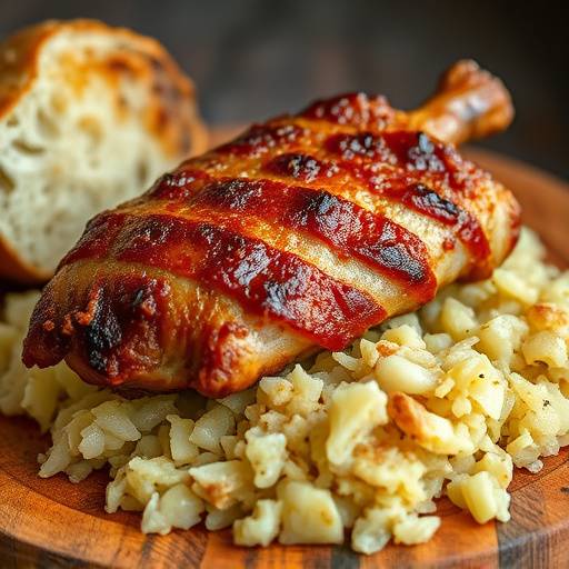 Knusprige Schweinshaxe mit Sauerkraut und Brot