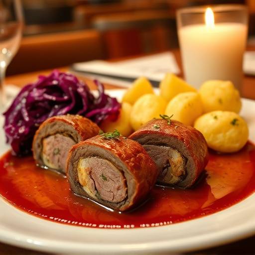 Zwei Rinderrouladen mit Sauce, Kartoffeln und Rotkohl auf einem Teller im Restaurant Goldener Herbst